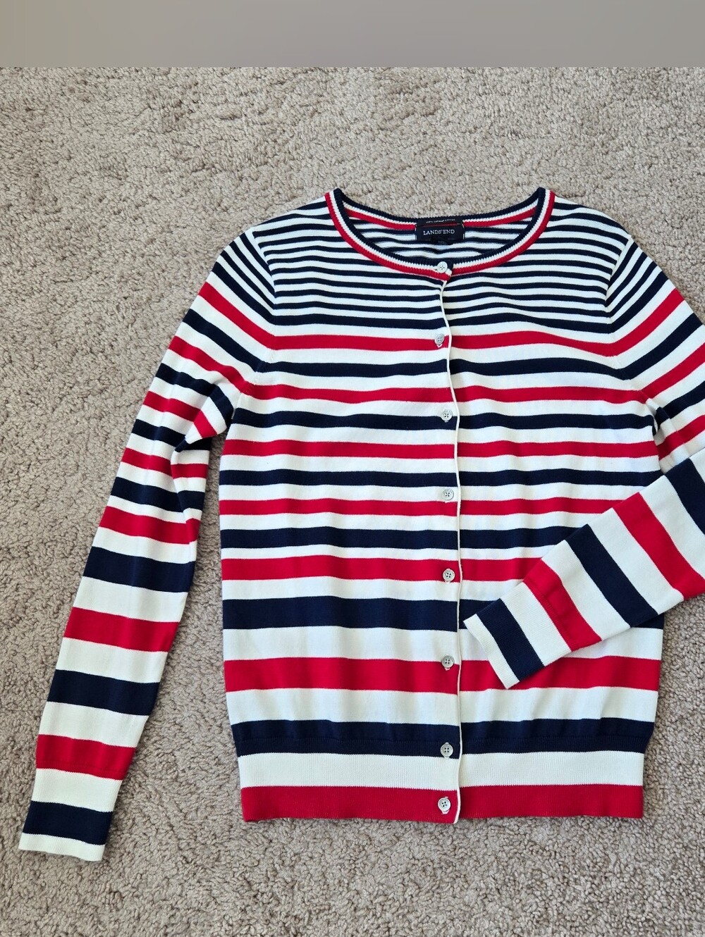 Lands' End Women's 6-8/ Small 100% Supima Cotton Red White Blue Stripe Cardigan - Picture 10 of 15